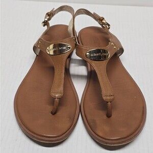 MICHAEL Michael Kors Gold Logo Plate Brown Leather Thong Sandals 9